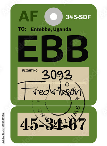 Entebbe airport luggage tag. Realistic looking tag with stamp and information written by hand. Design element for creative professionals.