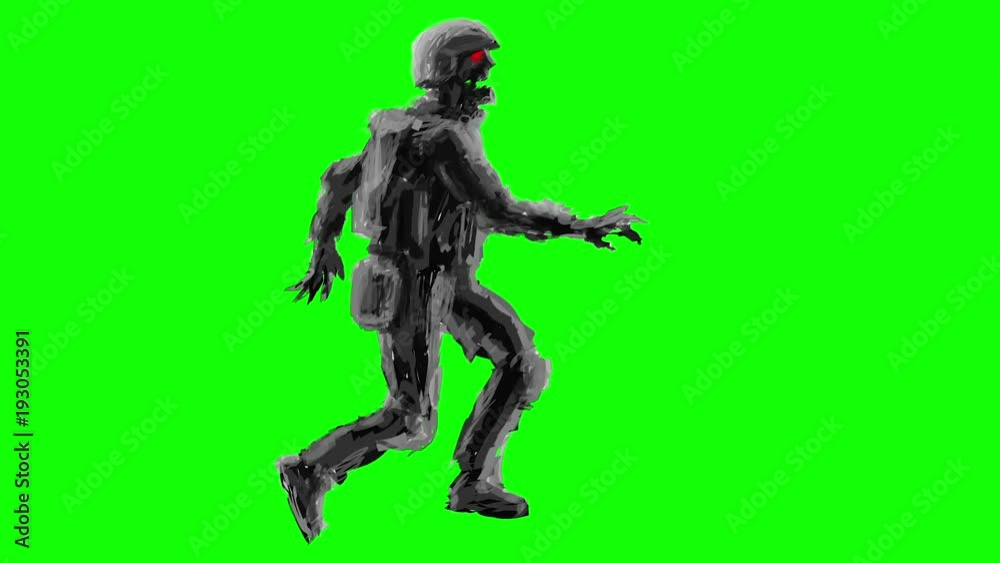 Silhouette of a zombie soldier in helmet is running. Genre of horror. Looped animation. Scary monster character profile. Side view on a green background. Silhouette of a zombie soldier in helmet is running. Genre of horror. Looped animation. Scary monster character profile. Side view on a green background.