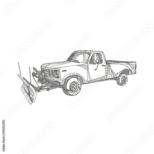 Doodle art illustration of a snow plow or snowplow truck with snow plow blade fitted done in mandala style.