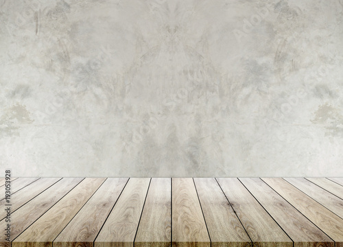 Wooden empty table top with cement background, can be used for display your products.