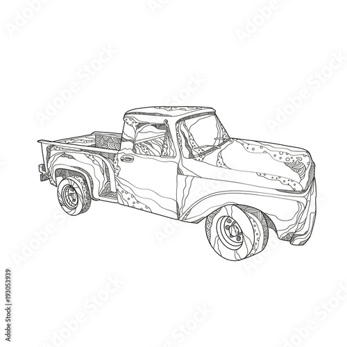 Doodle art illustration of a vintage pickup truck, a light duty truck with enclosed cab and an open cargo area with low sides and tailgate done in mandala style.