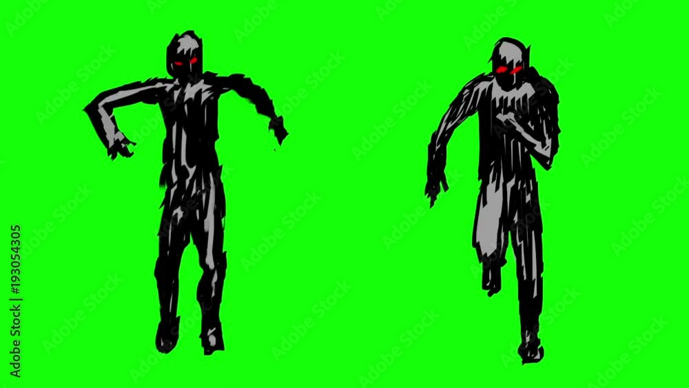 Two silhouettes of running zombies on camera. Evil monsters 2D animation. Green screen video footage. Horror fantasy genre. Animated video clip. Scary demon character. Vj loop motion graphics, fx. Two silhouettes of running zombies on camera. Evil monsters 2D animation. Green screen video footage. Horror fantasy genre. Animated video clip. Scary demon character. Vj loop motion graphics, fx.