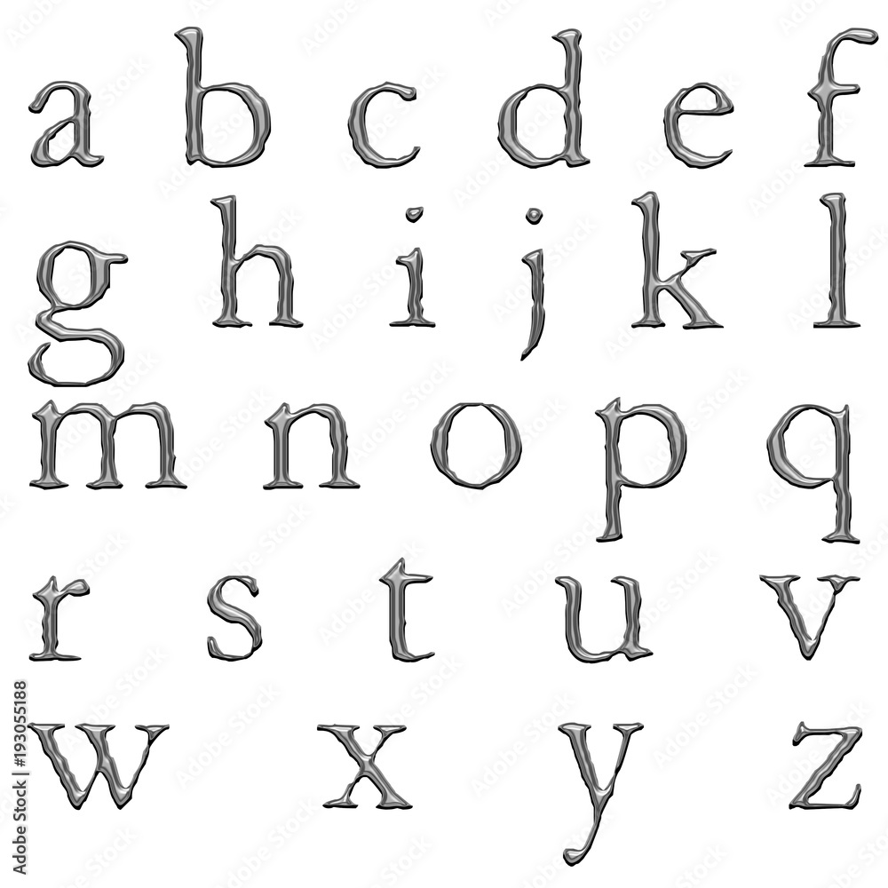 Smooth silver metal style jagged rough edge fontfull alphabet lowercase letter set in a 3D illustration with a gray metallic surface finish isolated on a white background with clipping path. Smooth silver metal style jagged rough edge fontfull alphabet lowercase letter set in a 3D illustration with a gray metallic surface finish isolated on a white background with clipping path.