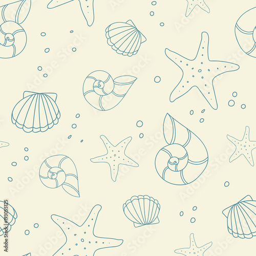 Marine seamless pattern with blue shells and starfish on a yellow background. Vector.