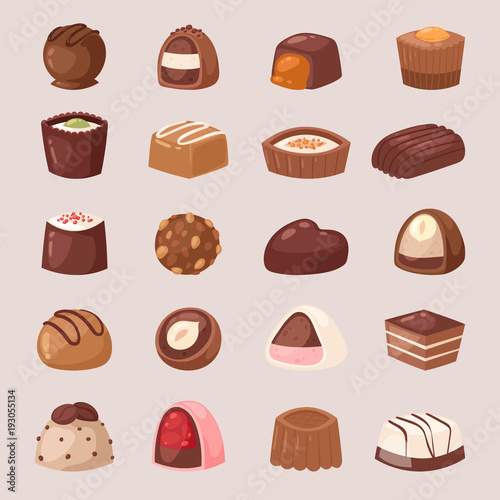 Chocolate candy vector sweet confection dessert with cocoa in confectionery shop illustration of tasty choco truffle in candyshop set isolated on background