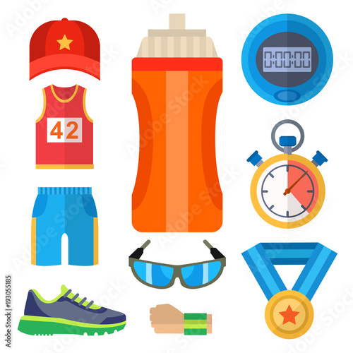 Fashion dressing run sport accessory icons vector sneaker activity footwear exercise workout.