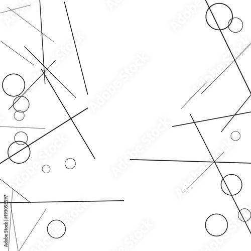 Geometric Memphis Background. Black and White Simple Pattern for Postcard, Print, Banner or Poster. Modern Abstract Background with Rings and Lines. Vector Texture in Trendy Minimalistic Style