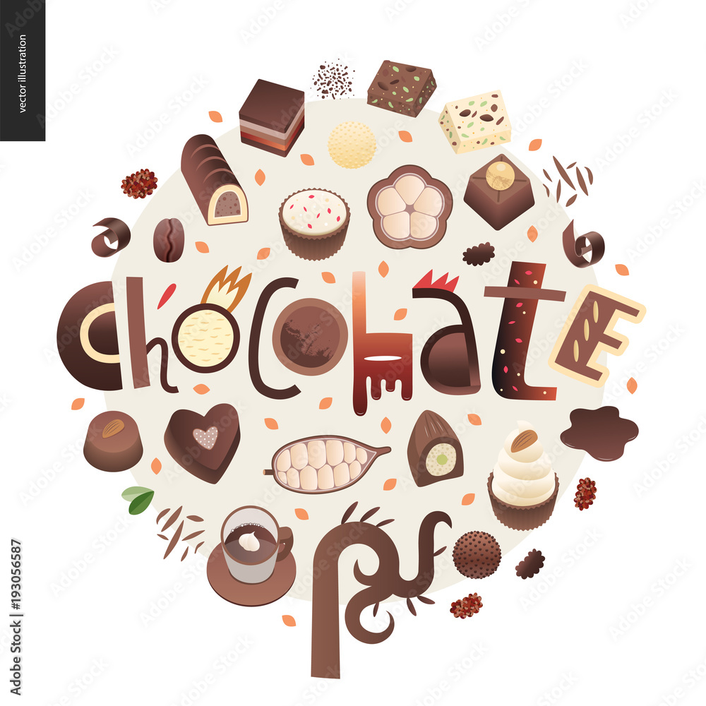 Love spring chocolate slogan - lettering composition, set of dark and white chocolate crisp bonbons and bars, choclate chips, coffee and cacao beans and leaves