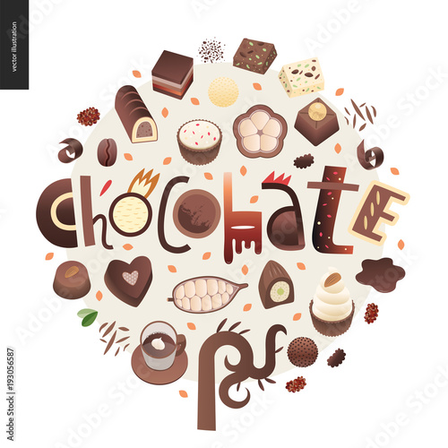 Love spring chocolate slogan - lettering composition  set of dark and white chocolate crisp bonbons and bars  choclate chips  coffee and cacao beans and leaves