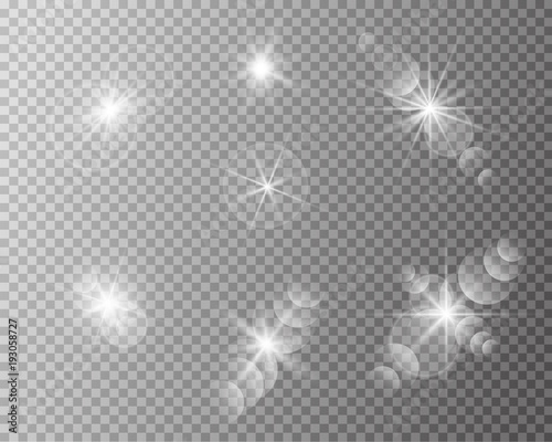 Set of vector transparent sun flash with rays and spotligh.