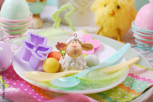 easter table setting for kids in pastel colors © teressa