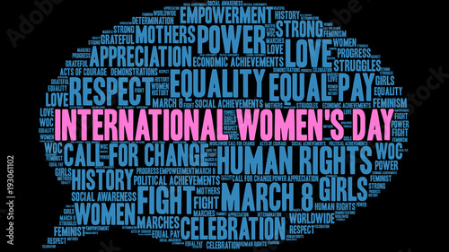 International Women's Day Word Cloud on a black background. 