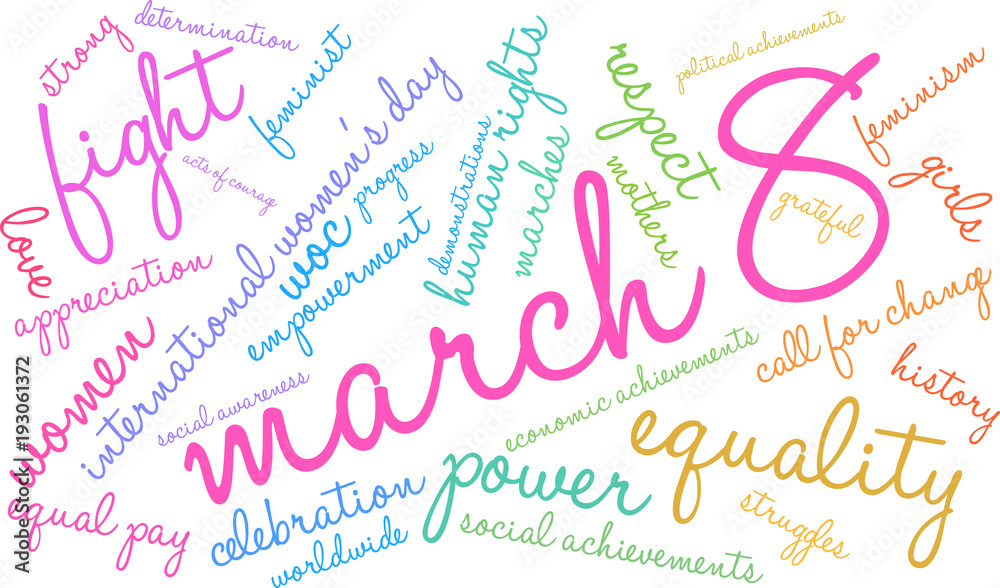 March 8 Word Cloud on a white background. 