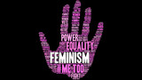 Feminism Word Cloud on a black background.
