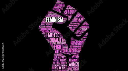 Feminism Word Cloud on a black background.