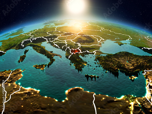 Macedonia in sunrise from orbit