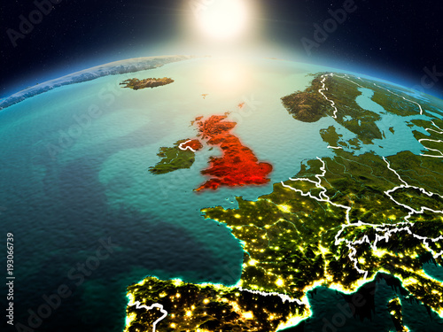 United Kingdom in sunrise from orbit