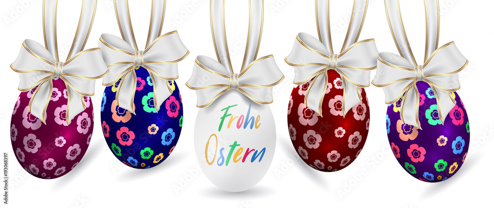 Bunte Ostereier. Frohe Ostern. Easter ornament elements hanging. Happy easter image vector. Modern Easter background with colorful eggs and gold hanging. Template Easter greeting card, vector. 