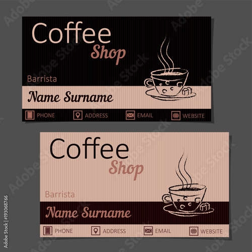 business card coffee shop, bartender, Barista, coffee shop,tea room. In brown-caramel tones with a painted mug of hot drink (tea, coffee, chocolate)