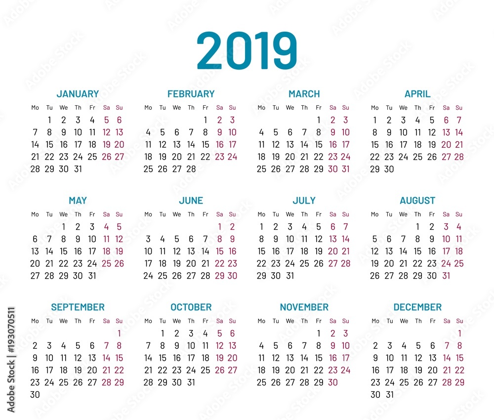 Simple wall calendar 2019 year, flat, isolated. Plain annual chart in minimalistic design. Vector illustration of menology Simple wall calendar 2019 year, flat, isolated. Plain annual chart in minimalistic design. Vector illustration of menology