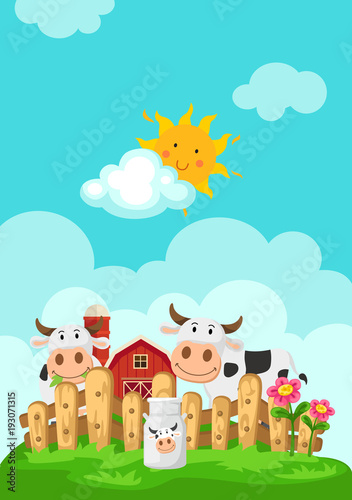 Illustration of landscape with cows and farm background
