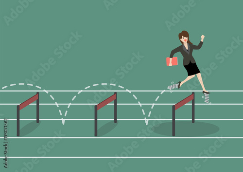 Business woman with elastic spring shoes jumping over hurdle