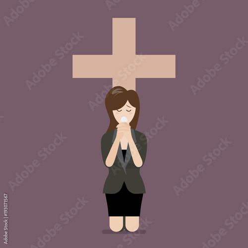 Sadness woman is on her knees and prays to god