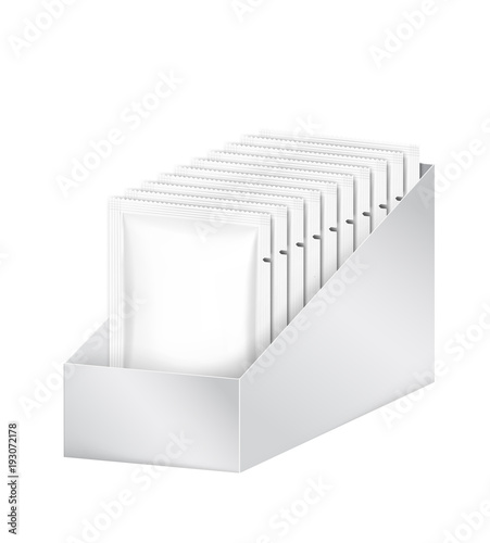 Template of blank sachet packaging for food, cosmetic and hygiene and show box. Vector illustration on white background. Ready for your design. EPS10.