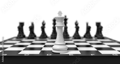 3d rendering of a lone white chess king stands on a chess board with black figures looming in the blurred background.