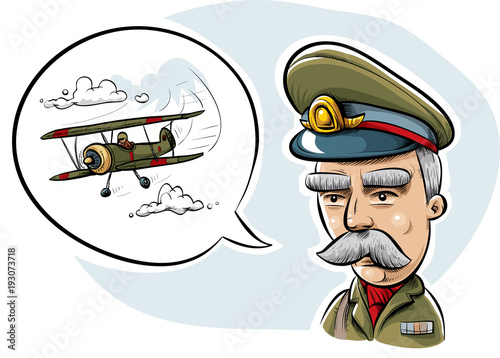 An old-fashioned styled military officer discussing air combat with a speech bubble showing a biplane.