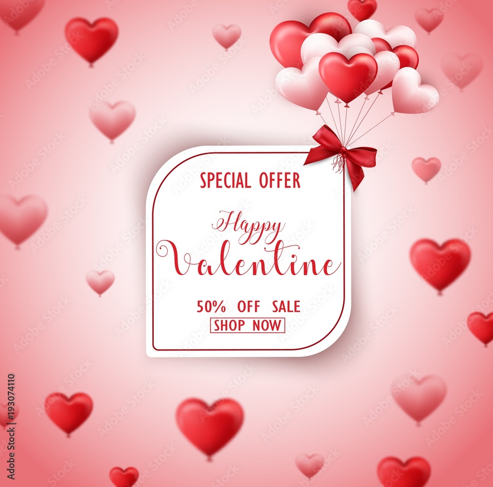 Happy valentines day sale card with red and pink hearts