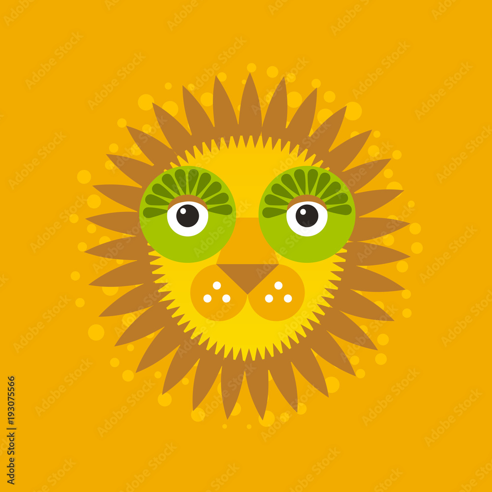 funny face big cat, lion with mane on Orange background. Vector