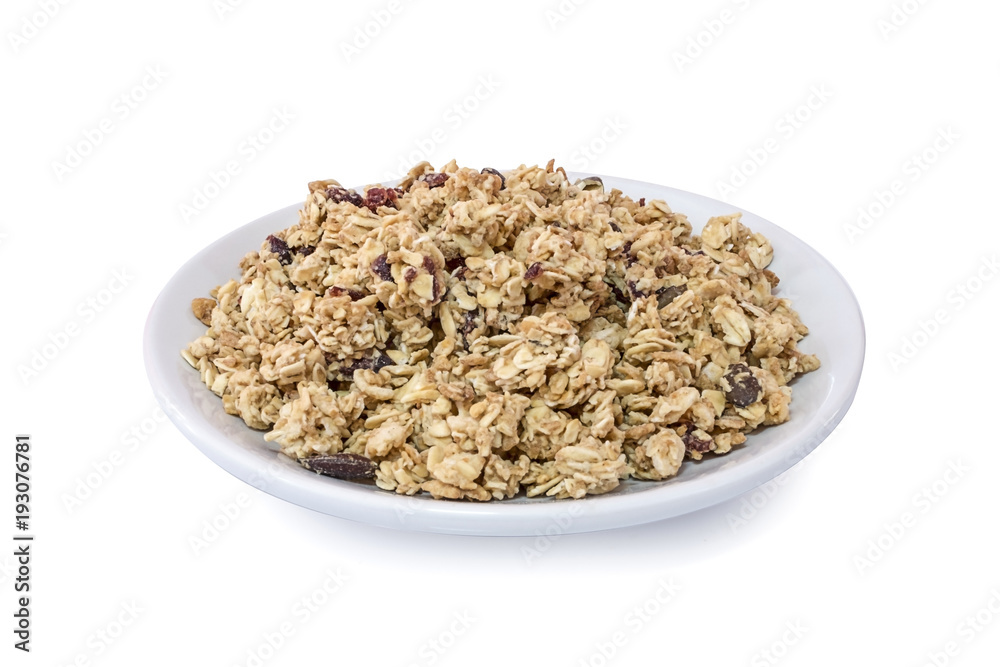 granola close up isolated on white background. granola close up isolated on white background.
