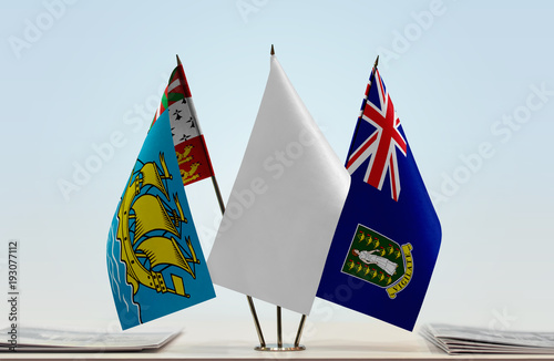 Flags of Saint Pierre and Miquelon and British Virgin Islands with a white flag in the middle