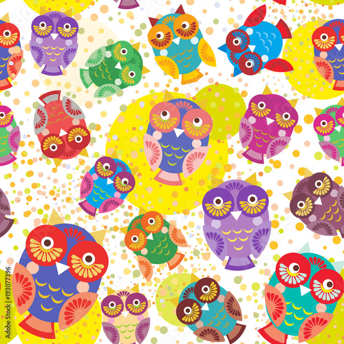 seamless pattern bright colorful cute owls on white background, funny birds face with winking eye, bright colors. Vector