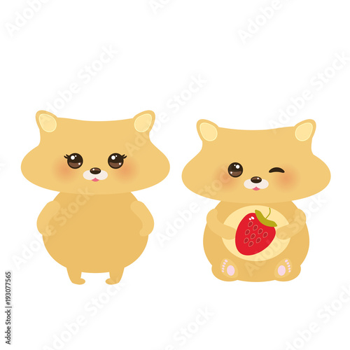 cute kawaii hamster, boy and girl with fresh Strawberry, pastel colors on white background. Vector