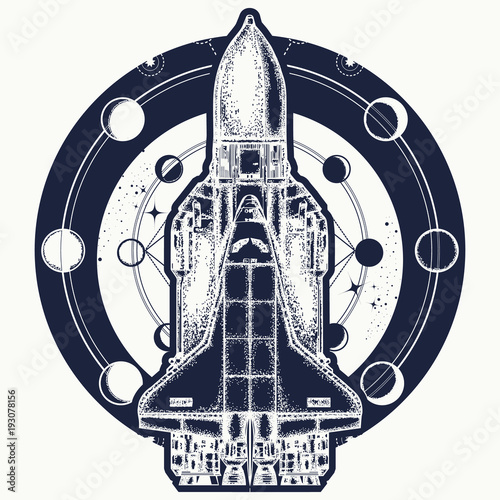 Space shuttle taking off on mission t-shirt design. Space shuttle tattoo art. Symbol of space research, the flight to new galaxies