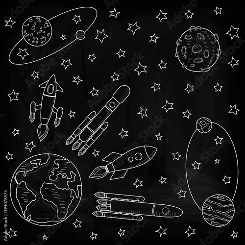 Space ships fly away from the Earth to other planets. Planets and satellites, rockets flying into space. Drawing chalk on a blackboard. Vector illustration on a black background.