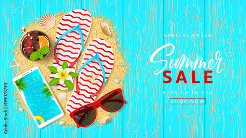 Summer sale beautiful web banner. Top view on summer composition on wooden texture. Vector illustration with special discount offer.
