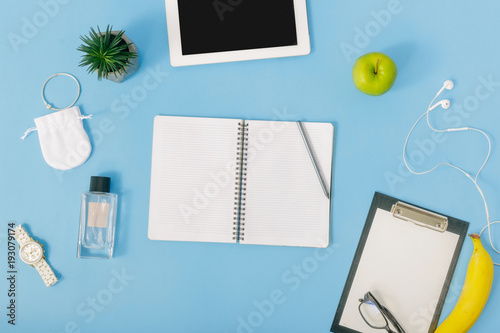 Education Background. Open notebook, objects for education, top view