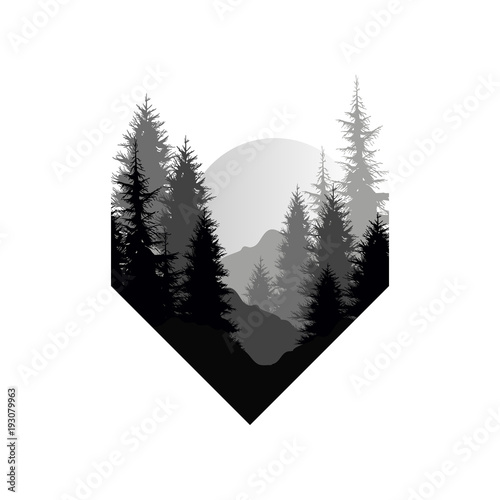 Beautiful nature landscape with silhouettes of trees, mountains, sunset of big sun, natural scene icon in geometric shape design, vector illustration in black and white colors