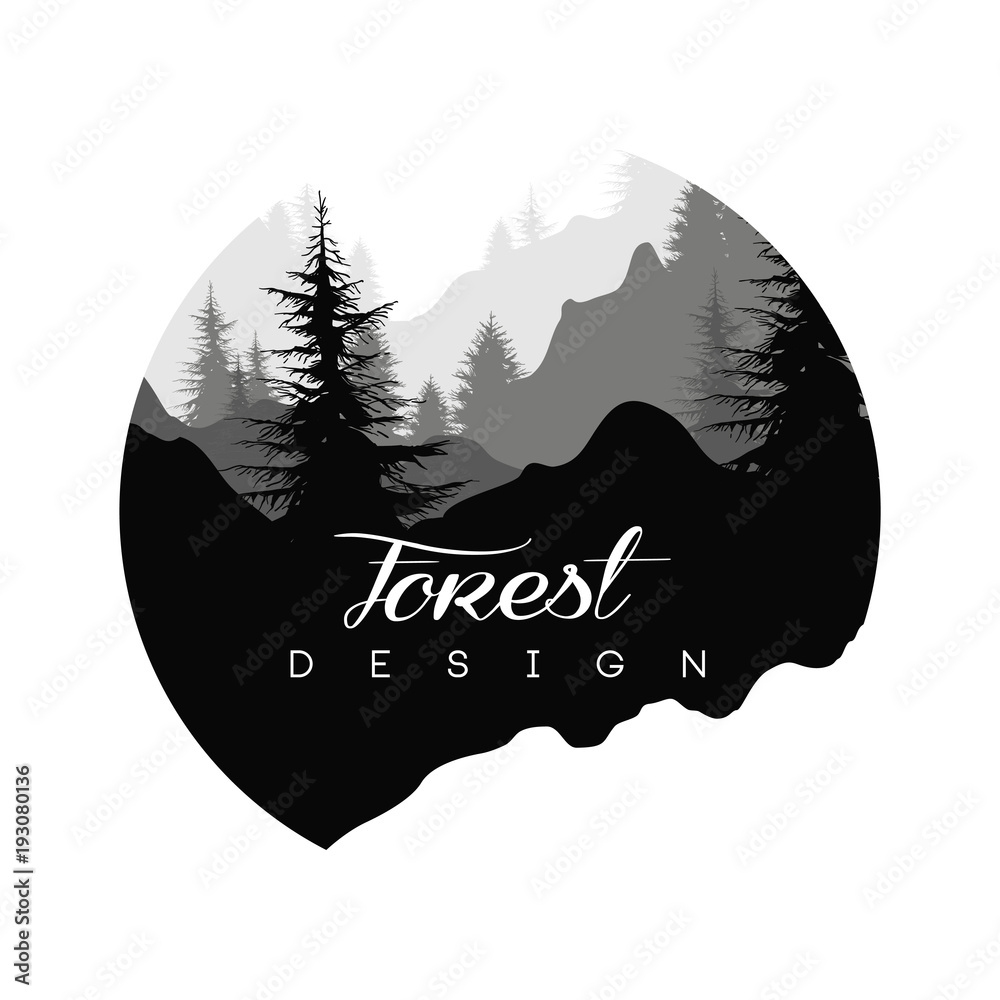 Forest logo design, nature landscape with silhouettes of trees and mountains, natural scene icon in geometric round shaped design, vector illustration in black and white colors