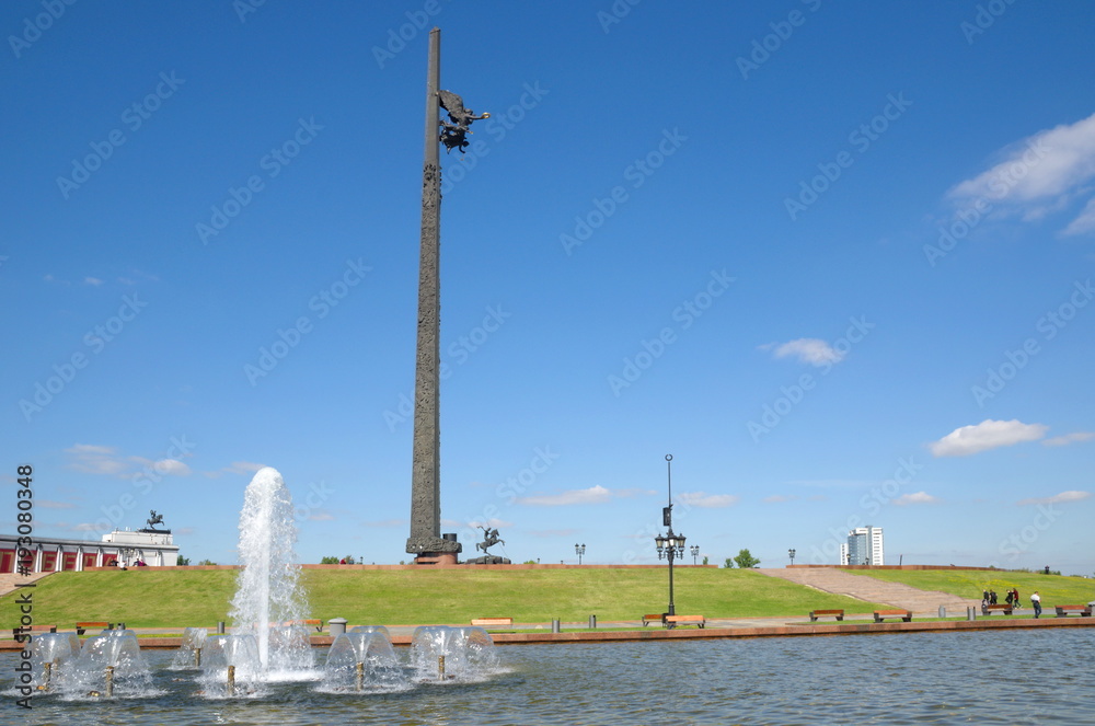 Moscow, Russia - August 31, 2017: The Victory Monument  an obelisk in the form of a triangular bayonet on the square Winners in Victory Park on Poklonnaya hill