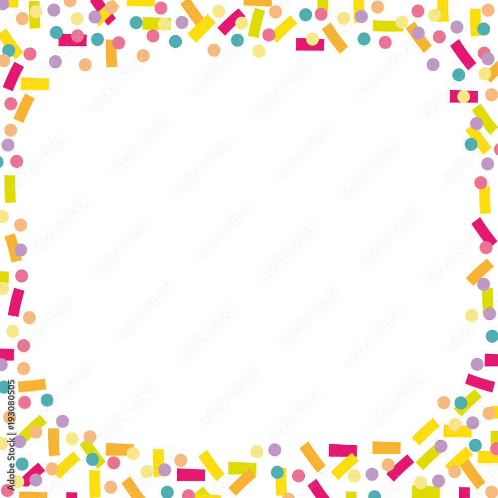 Joyful frame with colorful confetti and streamers. Happy event vector background.