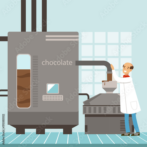 Machine for the production of chocolate, confectioner controlling the production process vector Illustration