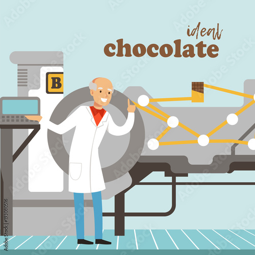 Male confectioner controlling chocolate factory production line Illustration