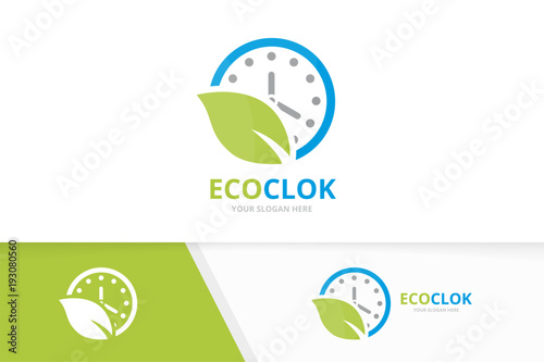 Vector clock and leaf logo combination. Time and eco symbol or icon. Unique express and organic logotype design template.