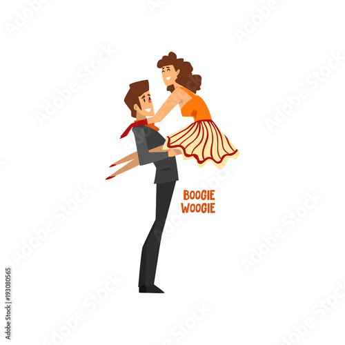 Professional dancer couple dancing boogie woogie, pair of young man and woman dressed in elegant clothing performing dance vector Illustration on a white background