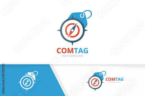 Vector compass and tag logo combination. Navigation and shop symbol or icon. Unique travel and label logotype design template.