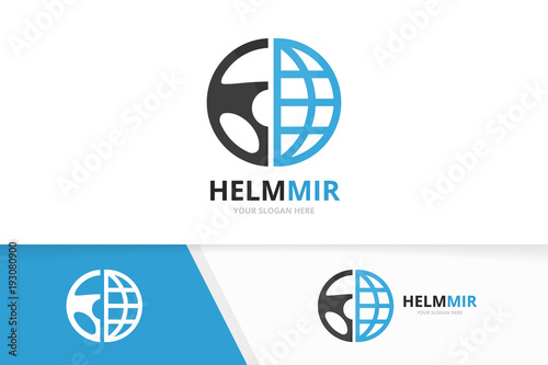 Vector car helm and planet logo combination. Steering wheel and world symbol or icon. Unique rudder and globe logotype design template.
